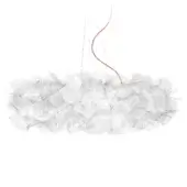 Slamp Clizia Pixel suspension lamp, translucent white layered petals, pixelated texture, red suspension cord, organic cloud-like form.