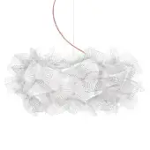Slamp Clizia Pixel suspension lamp, translucent white acrylic, layered petal forms with circular perforations and red cable.