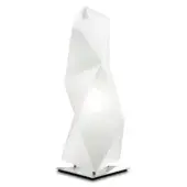 Slamp Diamond table lamp, white translucent plastic, faceted geometric form with square gray base and warm internal glow.