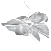 Prisma suspension lamp, silver metal, multi-layered starburst design with curved reflective panels and transparent suspension cables.