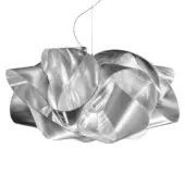 Slamp Fabula Prisma suspension lamp, silver reflective layered design, sculptural form with glossy finish, minimalist wire suspension.