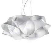 Slamp Fabula suspension lamp, translucent silver, layered cloud-like form with ribbed texture and angular edges suspended by thin silver cables.