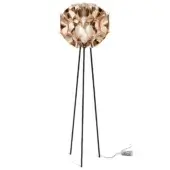 Slamp Flora floor lamp in copper features a spherical, petal-like shade with layered metallic segments and three slender black legs.