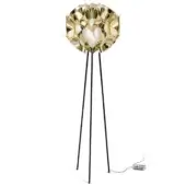 Slamp Flora floor lamp, gold reflective petals, tripod black metal legs, spherical form, dynamic sculptural lighting fixture.