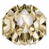 Slamp Flora suspension lamp in gold, spherical shape with overlapping petal-like layers of reflective aluminum, radial pattern, studio lighting.