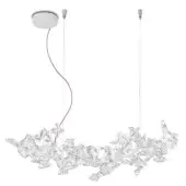 Slamp Hanami Susp Large lamp, clear acrylic petals, red and silver cords, white circular canopy, studio lighting.