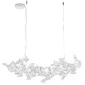 Slamp Hanami Susp Large lamp, clear acrylic petals, white canopy, silver wires, asymmetrical cluster, modern design, studio shot.