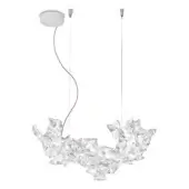 Slamp Hanami suspension lamp, clear acrylic prisms in cloud shape, silver wires, white canopy, studio shot lighting fixture.