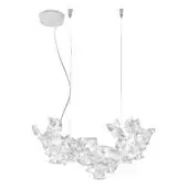 Slamp Hanami suspension lamp, clear acrylic, oval cluster of faceted elements suspended by silver wires from a white canopy.