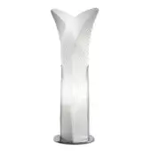 Slamp Las Palmas floor lamp, white translucent layered shade, flared petal design, chrome circular base, radiating etched lines.