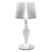 Slamp Liza table lamp, silver metallic shade, vertical ribbed design, translucent white stem, circular flared base, studio lighting.