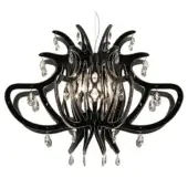 Slamp Medusa suspension lamp, black finish, organic openwork design with clear crystal droplets and layered metallic central structure.