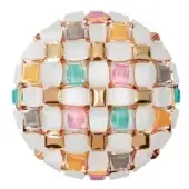 Slamp Mida suspension lamp, white metal frame, spherical shape with mosaic of pastel pink, teal, silver, and gold square panels.