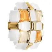 Slamp Mida wall lamp, white and amber, features interlocking panels with gold metal framing and a layered, three-dimensional sculptural form.