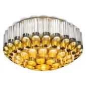 Slamp Odeon ceiling lamp in gold, layered cylindrical design with brushed silver and polished gold elements in a honeycomb pattern.