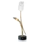 Slamp Tulip table lamp, white layered shade, gold stem, black circular base, reflective platform, brass power button.