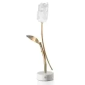 Slamp Tulip table lamp, translucent spiraled shade, gold stem, white circular base, modern sculptural design.