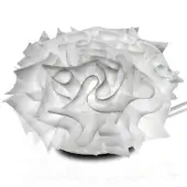 Veli table lamp, translucent white polymer, layered petal-like shade with curved edges and silver stem on white background.