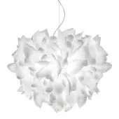 Slamp Veli pendant light, translucent white, spherical shape with overlapping petal layers and silver suspension cable.