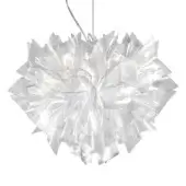 Slamp Veli Prisma suspension light, silver reflective layers, spherical crystalline form with diffused radiant light.