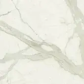 Calacatta ceramic texture, white with gray and beige veining, polished finish displaying irregular swirling patterns and a smooth, dense surface.