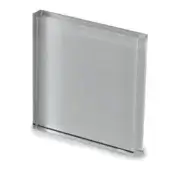 Lacquered glass panel, gray tone, textured surface with horizontal line; Sovet Italia Tec3 cement finish sample against white backdrop.