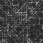 Polyester fabric sample, black and white, featuring a dense, branching network pattern with irregular clusters and subtle text markings.