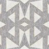 Geometric polypropylene fabric sample, gray and off-white with gold lines, features repeating triangular and diamond shapes in a woven texture.
