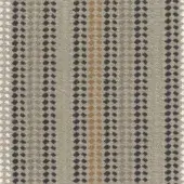 Fabric sample, polyolefin & polyester blend, featuring vertical stripes in beige, gray-brown, terracotta, and dark gray dots with a woven texture.