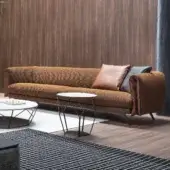 Distinguished Bonaldo Saddle sofa with uniquely shaped back and armrests in earthy brown woven fabric and dark brown leather