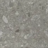 Porcelain stoneware texture sample, gray and beige mottled aggregate, granular uneven surface, natural stone aesthetic.