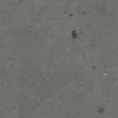Porcelain stoneware texture, muted gray tone, mottled surface with dark inclusions and a linear scratch, matte finish.