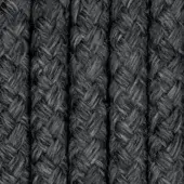 Synthetic rope sample, dark gray, tightly braided cylindrical texture with a matte finish and repeating crisscross pattern.