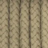 Synthetic ropes beige, tightly woven with a repeating geometric pattern, displayed as vertical textile samples in a studio setting.