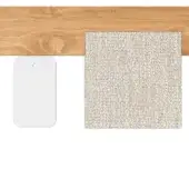 Wood sample, beige textured fabric, and white device with aperture against white background, showcasing material options for interior design.