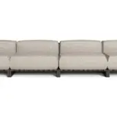 Modular sectional sofa, beige woven fabric, dark brown metal frame, linear boxy modules, contemporary design, studio shot.