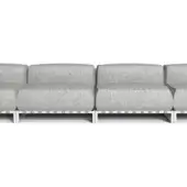Modular sectional sofa, light gray textured fabric, with white metal frame and reddish-brown wooden armrests, studio shot.