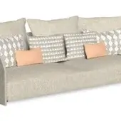 Fabric sofa, light gray textured weave, low profile with curved arms and geometric patterned cushions in gray, white, and coral.