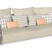 Fabric sofa, light gray upholstery, geometric patterned armrests with coral accents, square and patterned throw pillows, rectangular silhouette.