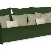 Green fabric sofa with wide armrests and square pillows, woven texture, contemporary design, studio shot on white background.
