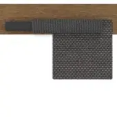 Dark gray boucle sectional sofa with teak wood plank backdrop, modular linear design, cylindrical accent, modern minimalist style.