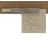 Teak sectional sofa with light beige textured fabric, displayed on a brown wood dowel and plank frame.