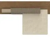 Sectional sofa with teak mounting, beige textured fabric sample, gray ribbed roller, diagonal weave, studio shot, modern design.