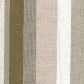 Fabric swatches in six columns display woven textures: beige stripe, bronze, gray-beige, pink-beige, white, and dark beige-olive green.