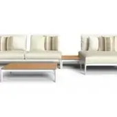 Modular sectional sofa, white frame, beige upholstery, striped pillows, wood coffee table, minimalist design, studio shot.