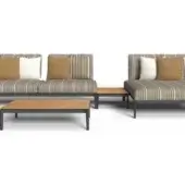 Leaf sectional sofa, beige striped fabric, dark gray metal frame, with tan and cream cushions, and light wood coffee table.