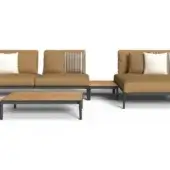 Outdoor sectional sofa in tan fabric with dark gray metal frame, featuring two armchairs, a chaise, and a light wood coffee table.