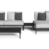 Modular sectional sofa, light gray textured fabric, with dark gray metal frame and square throw pillows, contemporary design.