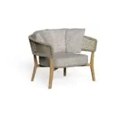 Teak lounge chair with woven rope back, light gray cushion, and tapered legs, studio shot on white background.