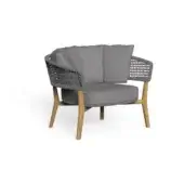 Teak lounge chair with gray fabric seat, woven backrest, and flared frame, studio shot on white background.